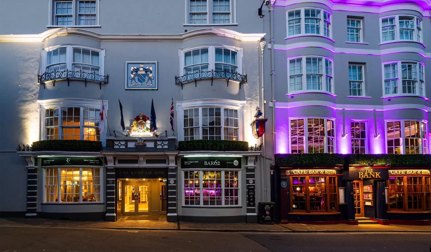 Exterior of Barnstaple Restaurant 62 The Bank taken early evening with lights glowing