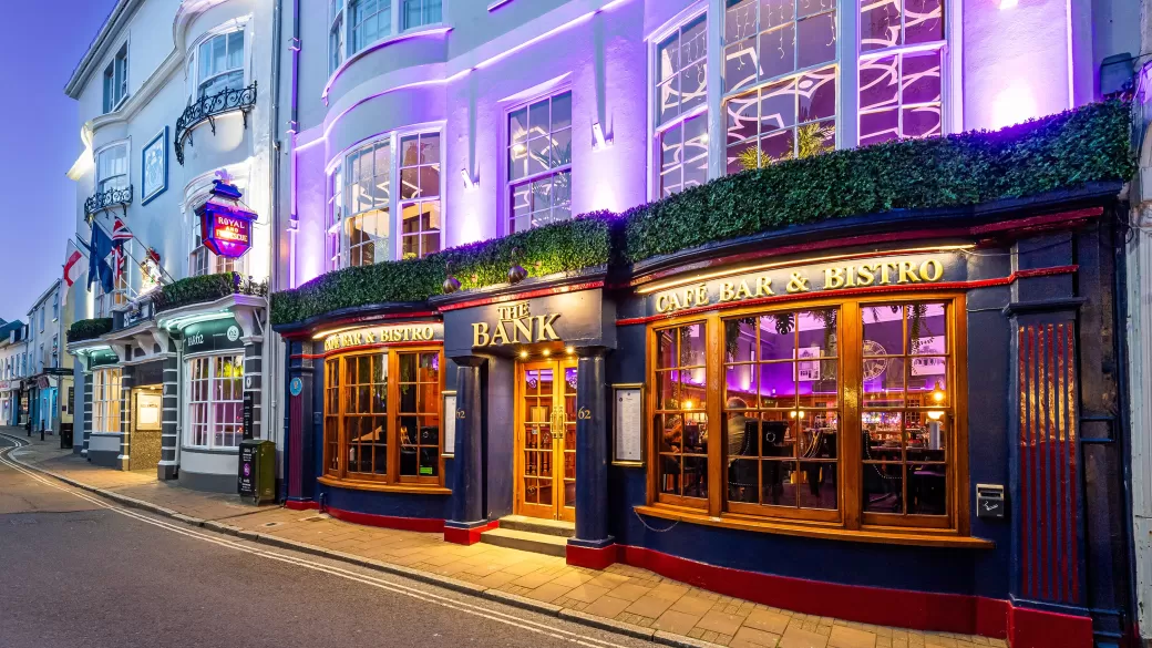 Exterior of Barnstaple Restaurant 62 The Bank in early evening