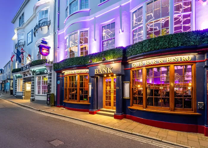 Exterior of Barnstaple Restaurant 62 The Bank in early evening